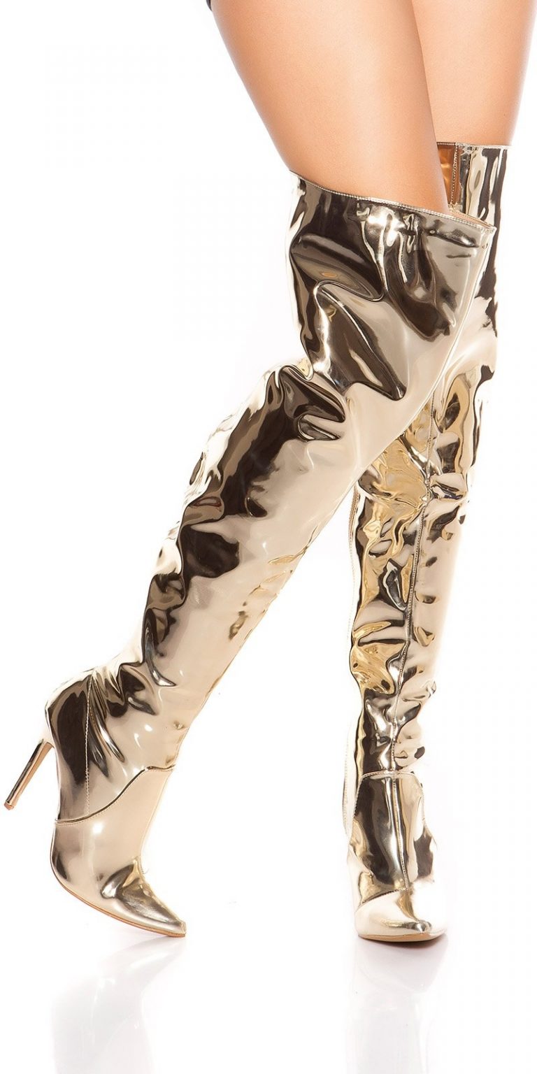 Sexy High Heel Overknees Polish Metallic Look Gold Laarzen