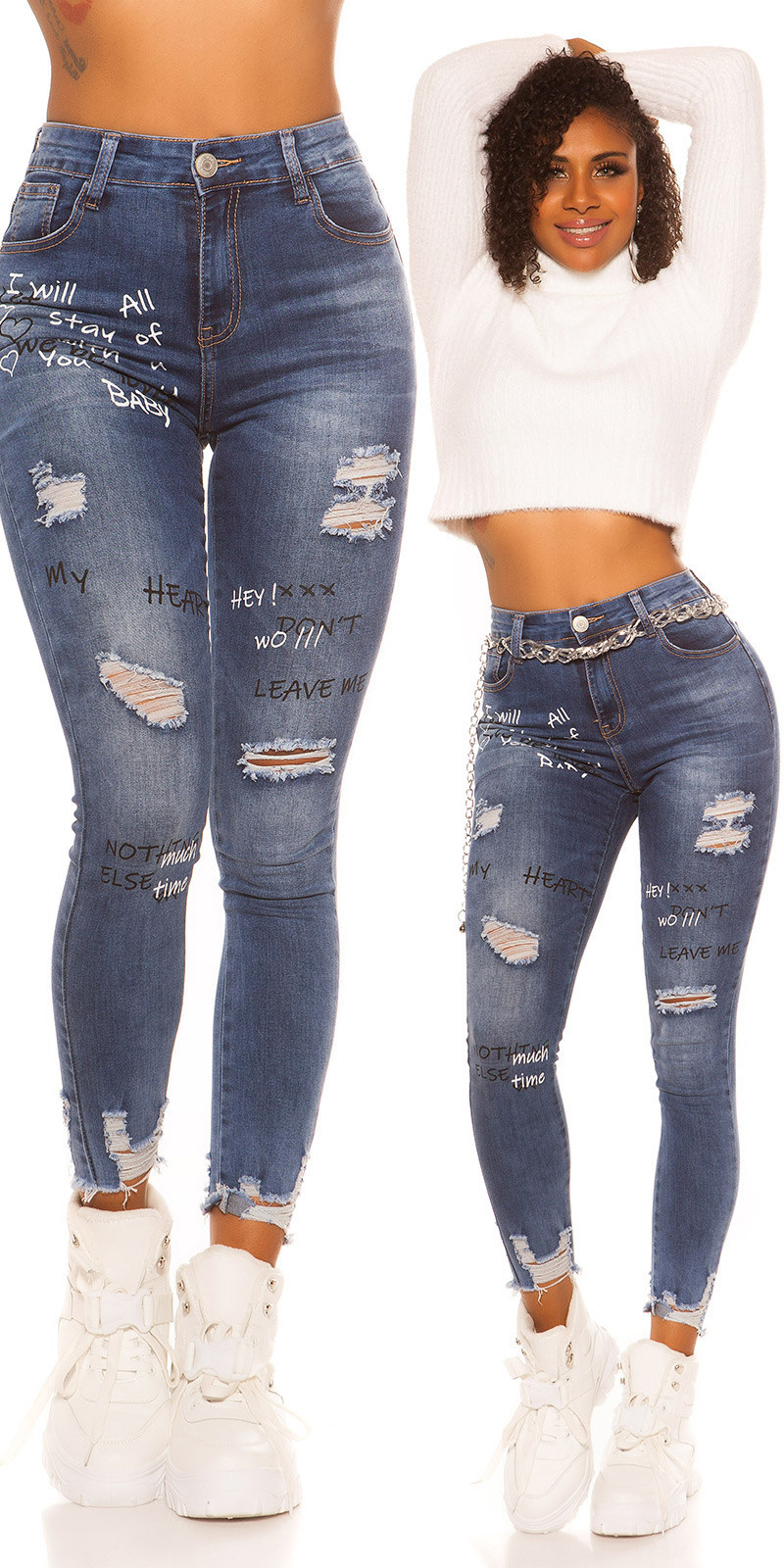 Sexy Skinny Hoge Taille Jeans Gebruikte Used Look Met Print Jeansblauw Skinny Jeans